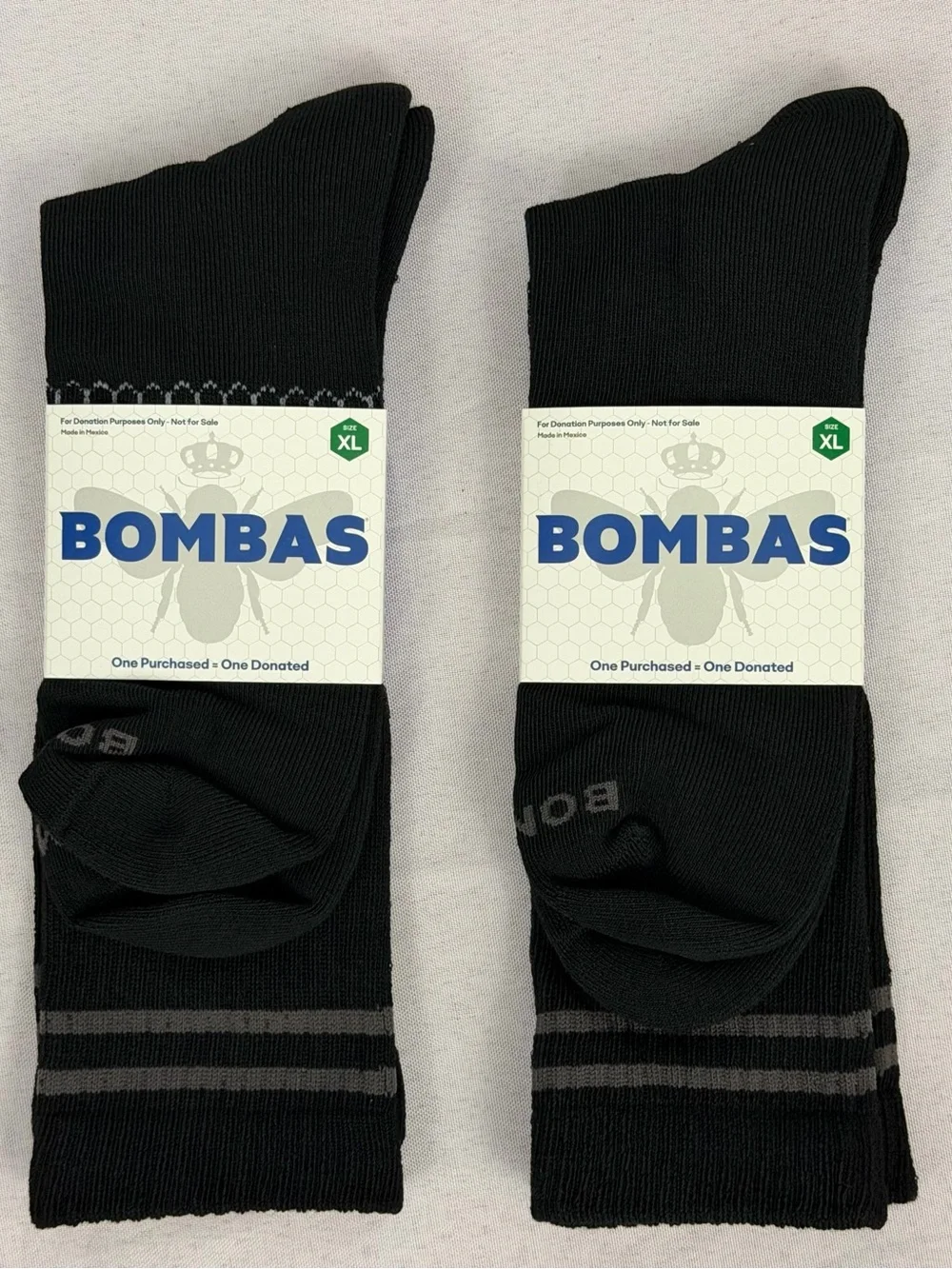 Bombas (Set of 2 Pair)Black Calf Athletic Socks with Gray Stripes & Bee XL NWT